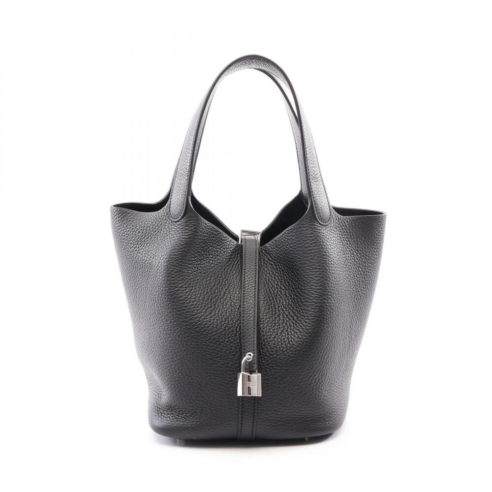 Hermes Picotin Lock MM Handbag, Leather, Taurillon Clemence Women's, Black, 0...